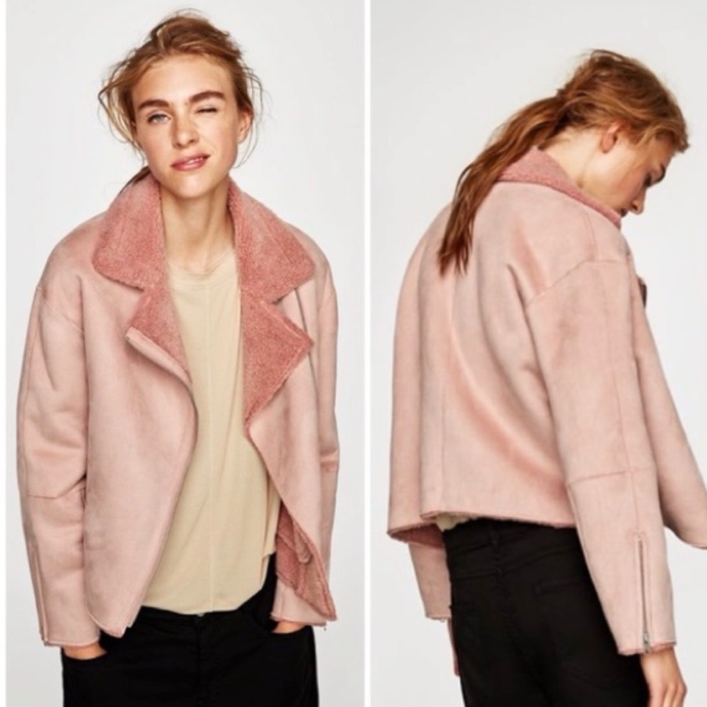 Zara Cropped Jacket Suede Effect Faux Sherpa- Pink- Small